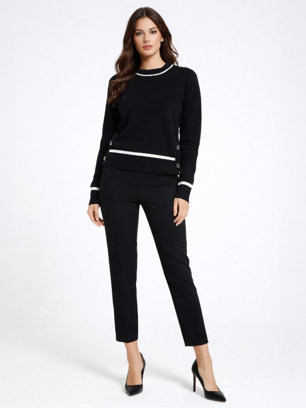 Marled by Reunited Black & White Stripe Crewneck Knit Sweater - Picture 2 of 8